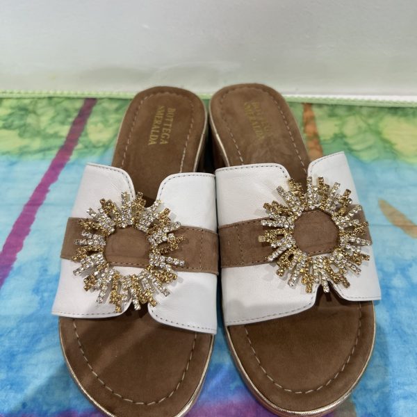 Bottega Smeralda 3SS75Q White/Brown Leather Slip On Sun Crystal Sandal | Ooh Ooh Shoes women's clothing and shoe boutique located in Naples and Mashpee