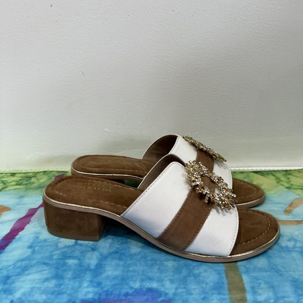 Bottega Smeralda 3SS75Q White/Brown Leather Slip On Sun Crystal Sandal | Ooh Ooh Shoes women's clothing and shoe boutique located in Naples and Mashpee