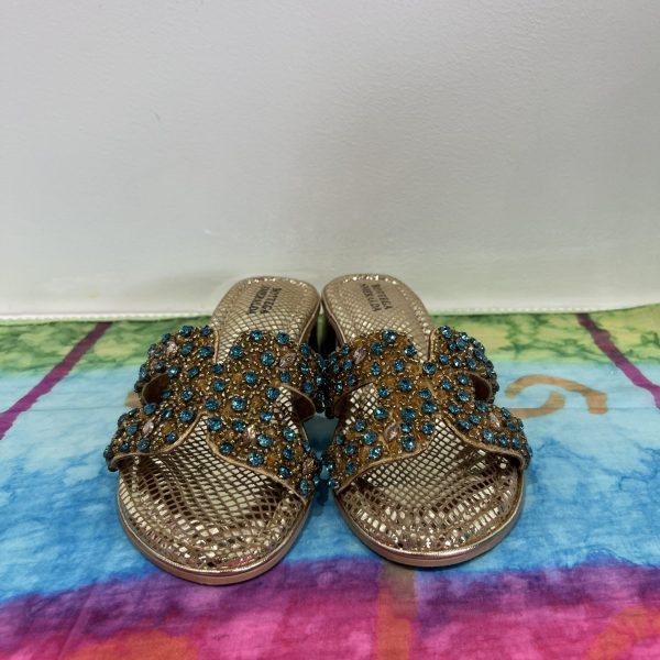 Bottega Smeralda 2LK96Q Gold/Turquoise Slip On with Crystal Accents Sandal | Ooh Ooh Shoes women's clothing and shoe boutique located in Naples and Mashpee