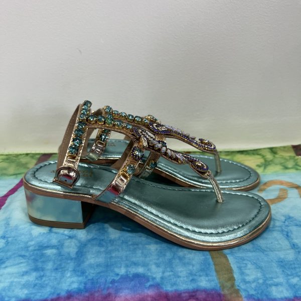 Bottega Smeralda 2LL20Q Aqua Seahorse with Crystal Accents Leather Toe Strap Sandal | Ooh Ooh Shoes women's clothing and shoe boutique located in Naples and Mashpee