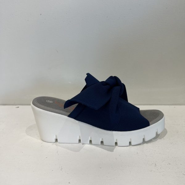 Bernie Mev Venti Freesia Navy Open Toe Bow Embellished Slip on Wedge Ooh Ooh Shoes women's clothing and shoe boutique located in Naples and Mashpee