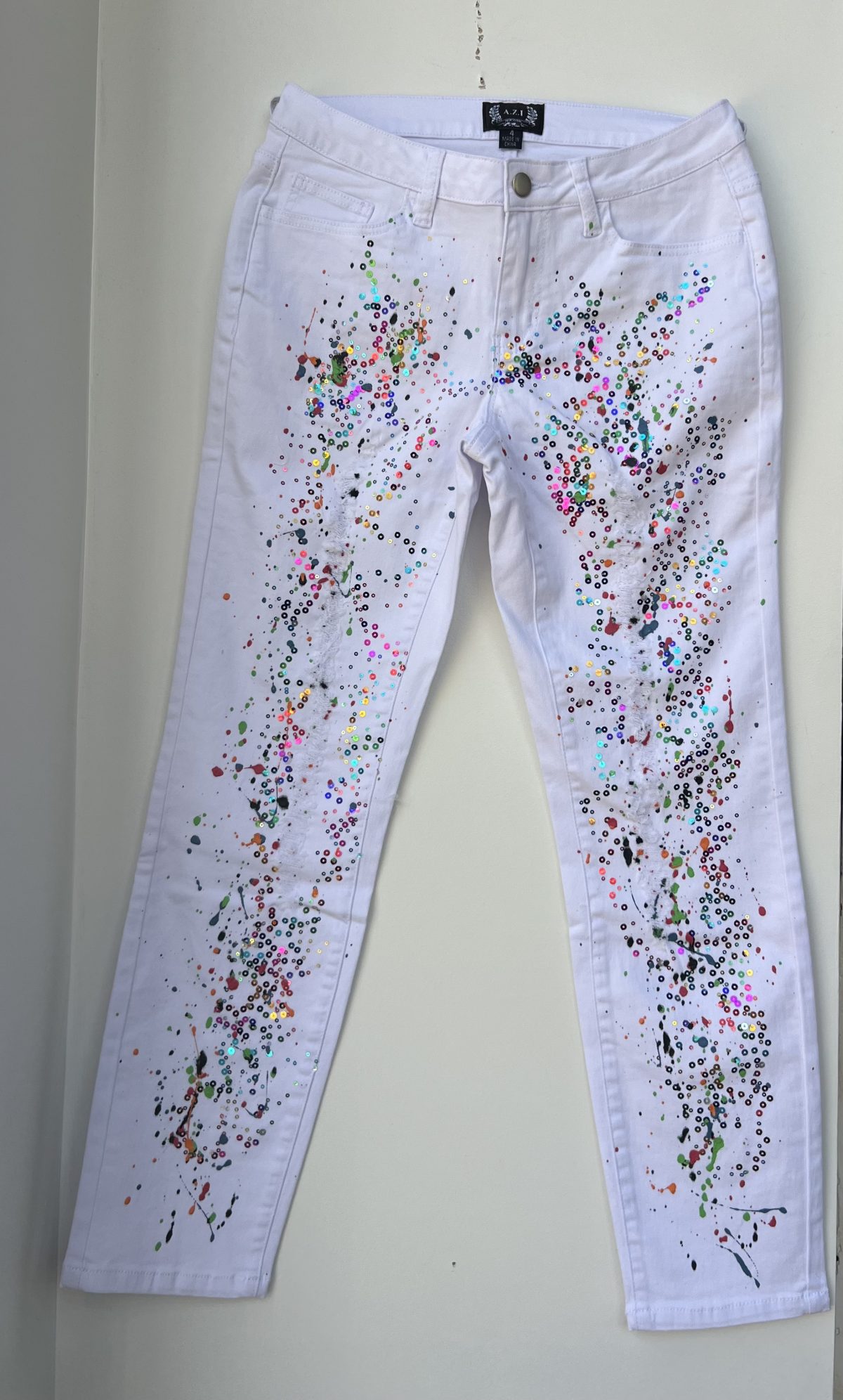AZI Z12351 Brooke White Sequin & Splatter Paint Jean | Ooh Ooh Shoes women's clothing and shoe boutique located in Naples and Mashpee