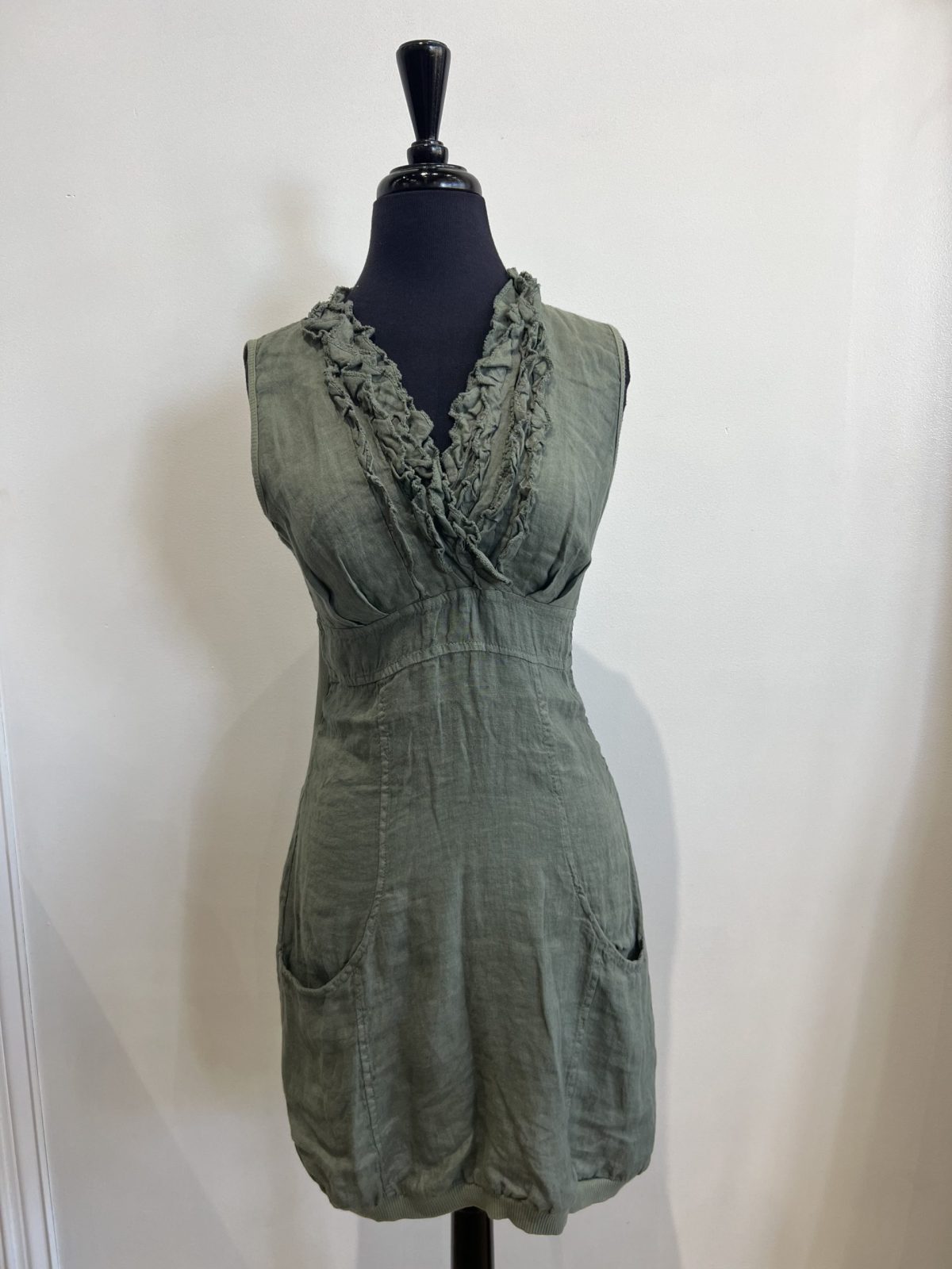 Look Mode 3131 Olive Linen V Neck Triple Ruffle Top Dress | Ooh Ooh Shoes women's clothing and shoe boutique located in Naples and Mashpee