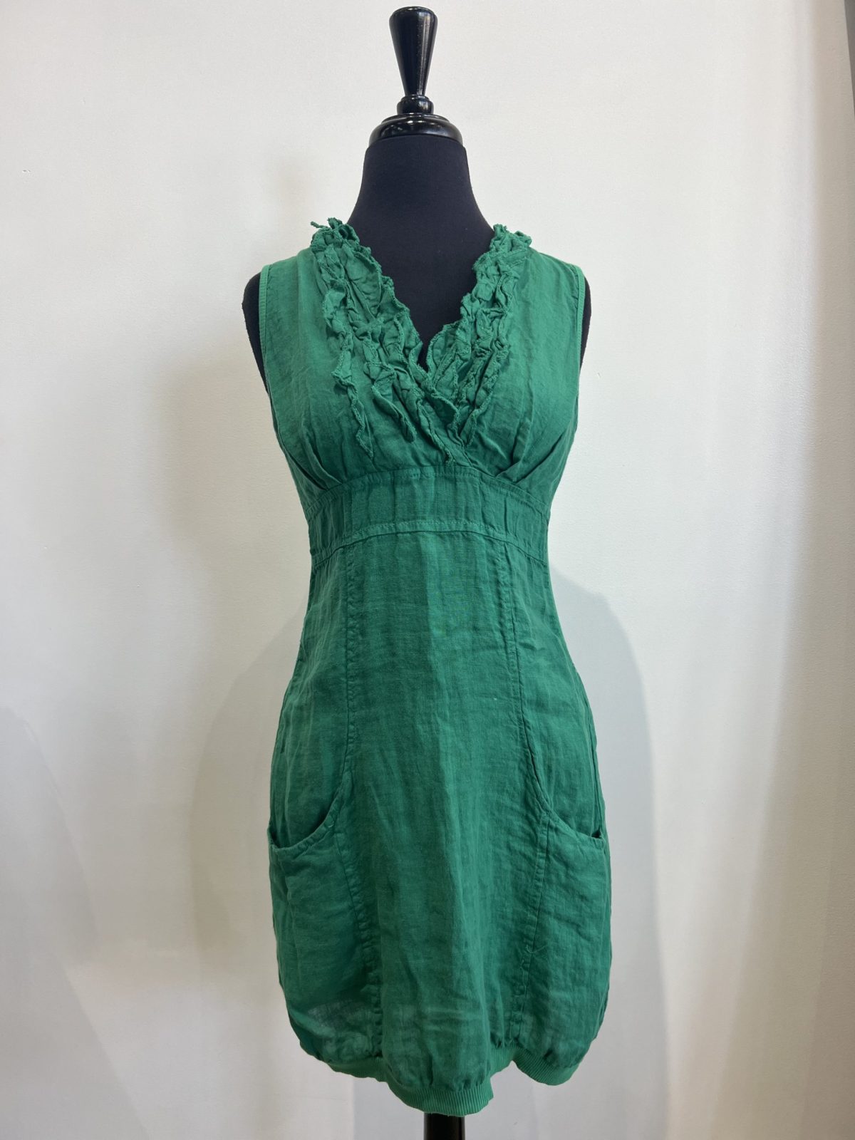 Look Mode 3131 Green Linen V Neck Triple Ruffle Top Dress | Ooh Ooh Shoes women's clothing and shoe boutique located in Naples and Mashpee