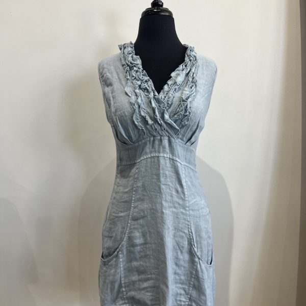 Look Mode 3131 Light Blue Linen V Neck Triple Ruffle Top Dress | Ooh Ooh Shoes women's clothing and shoe boutique located in Naples and Mashpee