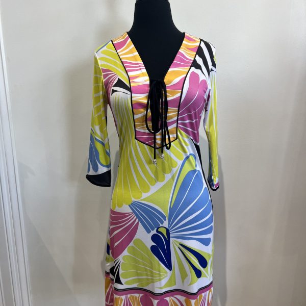 Charm A-1009-BB-11 Multi Print 3/4 Sleeve V Neckline Dress | Ooh Ooh Shoes women's clothing and shoe boutique located in Naples and Mashpee