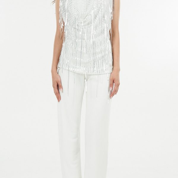 Julian Chang 1123 White Sleeveless V Neckline Fringe Hally Top | Ooh Ooh Shoes women's clothing and shoe boutique located in Naples