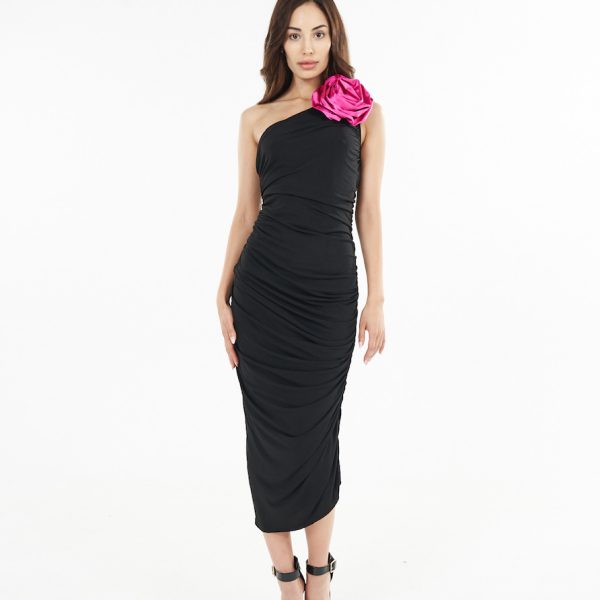 Petit Pois 5713 Black Sleeveless One Shoulder with Fuchsia Flower Derek Dress | Ooh Ooh Shoes women's clothing and shoe boutique located in Naples