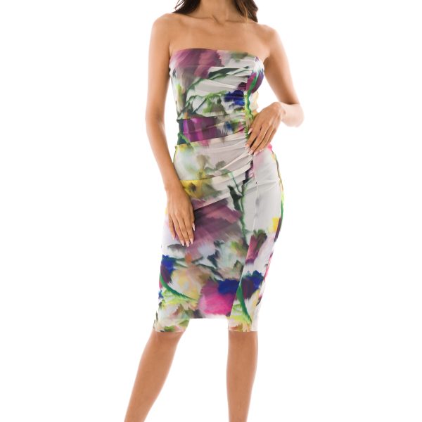 Elana Kattan IRI-824 Iris Print Strapless Ruched Bodice Sheath Dress | Ooh Ooh Shoes women's clothing and shoe boutique located in Naples