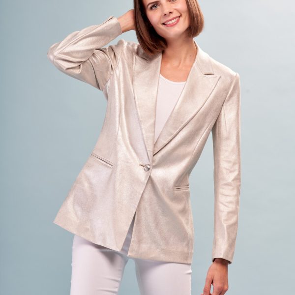 Insight BCJ9076M Liquid Silver Light Solid Metallic Vegan Leather Blazer | Ooh Ooh Shoes women's clothing and shoe boutique located in Naples