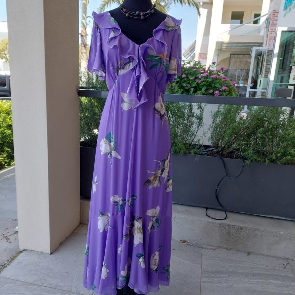 Piero Moretti Temi 346 Purple Flower Print Long Dress with Ruffles | Ooh Ooh Shoes women's clothing and shoe boutique located in Naples and Mashpee