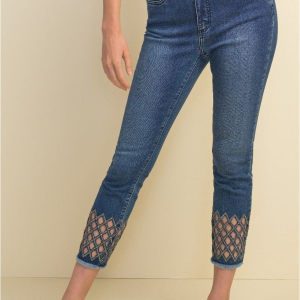 Joseph Ribkoff 211967 Denim Blue Shimmering Diamond Cut Out Cropped Jeans | Ooh Ooh Shoes women's clothing and shoe boutique located in Naples and Mashpee