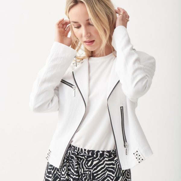 Joseph Ribkoff 221900 White Long Sleeve Zipper Trimmed w/Studded Collar Jacket | Ooh Ooh Shoes women's clothing and shoe boutique located in Naples and Mashpee
