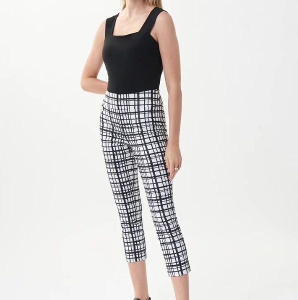 Joseph Ribkoff 222259 Vanilla/Black Elastic Waist Checked Cropped Pants | Ooh Ooh Shoes womens clothing and shoe boutique located in Naples and Mashpee