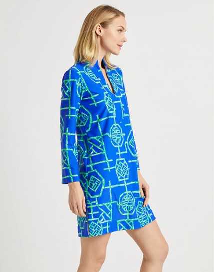 Jude Connally 101168 Bamboo Lattice Cobalt/Grass Long Sleeve A Line Jude Cloth Kate Dress | Ooh Ooh Shoes women's clothing and shoe boutique located in Naples and Mashpee