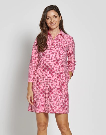 Jude Connally 101192 Mini Links Geo Pink V Neckline with 3/4 Sleeve Jude Cloth Finley Dress | Ooh Ooh Shoes women's clothing and shoe boutique located in Naples and Mashpee