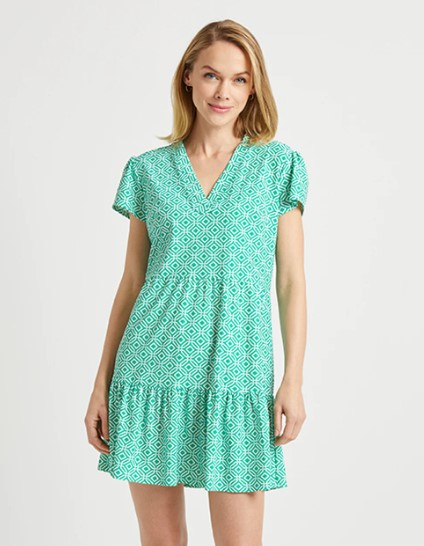Jude Connally 101310 Mini Links Geo Grass Short Sleeve V Neckline Jude Cloth Ginger Dress | Ooh Ooh Shoes women's clothing and shoe boutique located in Naples and Mashpee