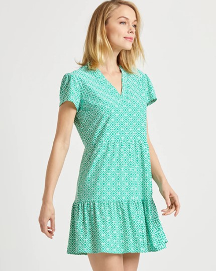 Jude Connally 101310 Mini Links Geo Grass Short Sleeve V Neckline Jude Cloth Ginger Dress | Ooh Ooh Shoes women's clothing and shoe boutique located in Naples and Mashpee