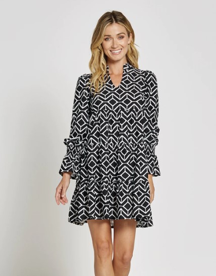 Jude Connally 101476 Sail Geo Black Long Sleeve Smocked Cuff V Neckline Jude Cloth Tammi Dress | Ooh Ooh Shoes women's clothing and shoe boutique located in Naples and Mashpee