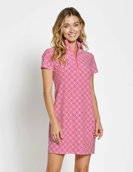 Jude Connally 101624 Mini Links Geo Pink Short Sleeve Zip Mock Neck Jude Cloth Alexia Dress | Ooh Ooh Shoes women's clothing and shoe boutique located in Naples and Mashpee