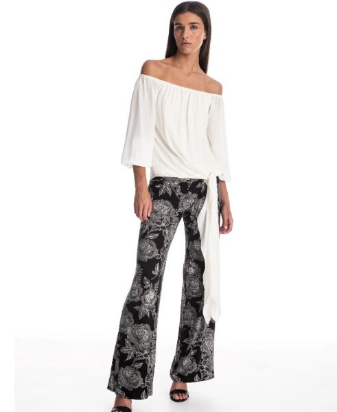 Julian Chang 3306 Ivory Luna Off the Shoulder Tie at Hem Top | Ooh Ooh Shoes women's clothing and shoe boutique located in Naples and Mashpee