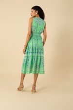Hale Bob 52DP612A Liv Midi Dress in Green Print with Trim detail at Neck Armhole and Hem | Ooh Ooh Shoes woman's clothing and shoe boutique located in Naples Florida