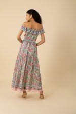 Hale Bob 52TR674A Ankle Length Jaime Voile Dress in Green Print worn on or off shoulder | Ooh Ooh Shoes woman's clothing and shoe boutique located in Naples Florida