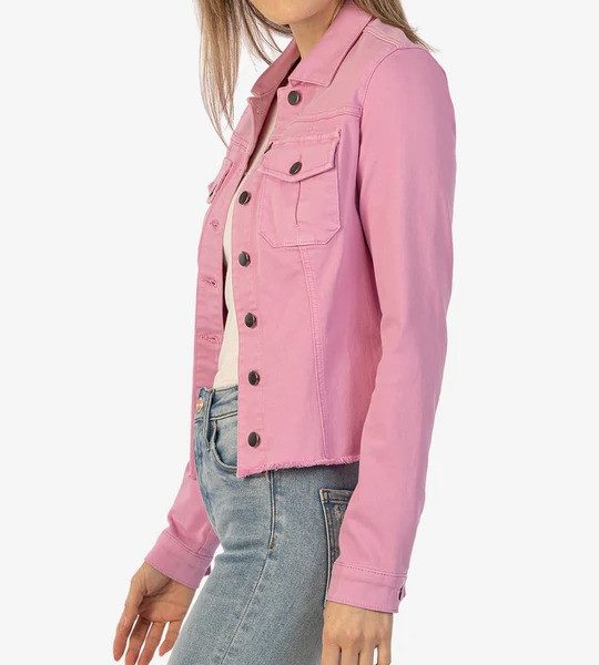 Kut KJ0314MA8 Kara Lavender Cropped Jean Jacket With Fray Hem | Ooh Ooh Shoes women's clothing and shoe boutique located in Naples