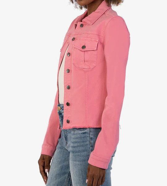 Kut KJ0314MA8 Kara Plush Pink Cropped Jean Jacket With Fray Hem | Ooh Ooh Shoes women's clothing and shoe boutique located in Naples