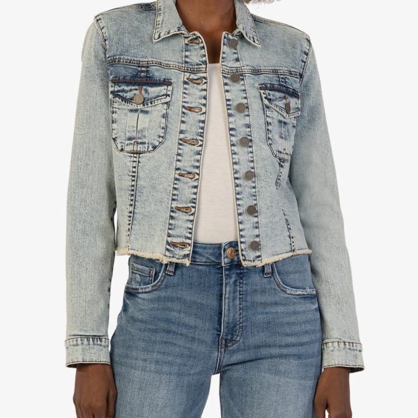 Kut KJ0314ML8 Light Denim Kara Cropped Jean Jacket With Fray Hem | Ooh Ooh Shoes women's clothing and shoe boutique located in Naples
