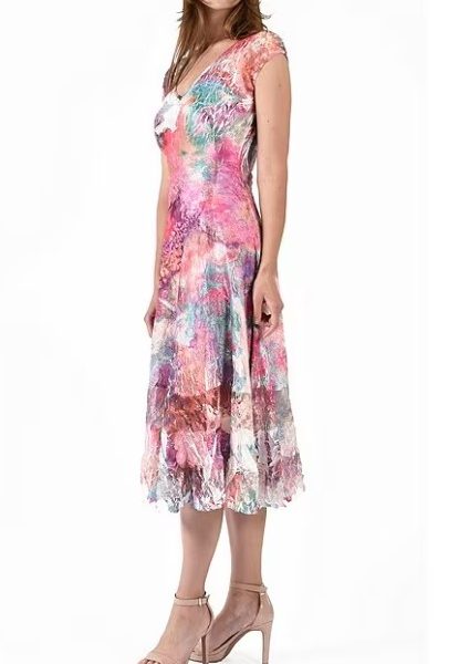Komarov CLN2491 Fuchsia Fire Printed V Neckline Short Sleeve Pleated Lace Dress | Ooh Ooh Shoes women's clothing and shoe boutique located in Naples