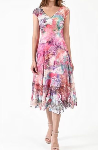Komarov CLN2491 Fuchsia Fire Printed V Neckline Short Sleeve Pleated Lace Dress | Ooh Ooh Shoes women's clothing and shoe boutique located in Naples