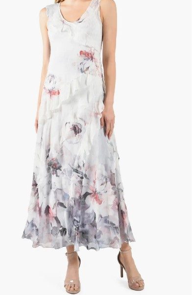 Komarov CTS4409 Watercolor Border Sleeveless Ruffle Tiered Long Dress | Ooh Ooh Shoes women's clothing and shoe boutique located in Naples