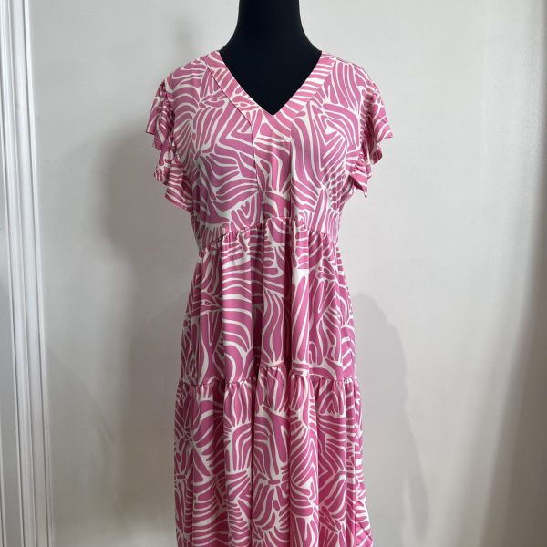 La Mer Luxe 194-A103K Fuchsia Abstract Knit Ruffle Short Sleeve Brooke Dress | Ooh Ooh Shoes women's clothing and shoe boutique located in Naples
