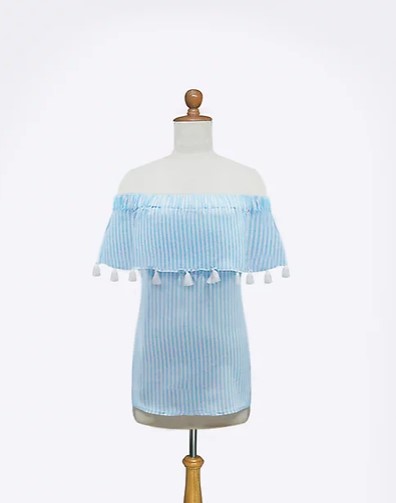 La Mer Luxe 128-L08T Baby Blue Striped Off the Shoulder Monica Top | Ooh Ooh Shoes women's clothing and shoe boutique located in Naples and Mashpee