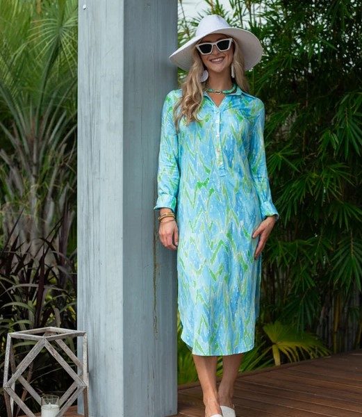 La mer Luxe 234-M15 Long Sleeve Blue Watercolor August Midi Dress | Ooh Ooh Shoes women's clothing and shoe boutique located in Naples