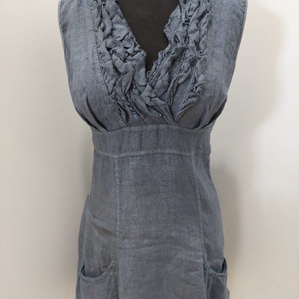 Look Mode 3131 Blue Jean Linen V Neck Triple Ruffle Top Dress | Ooh Ooh Shoes women's clothing and shoe boutique located in Naples and Mashpee