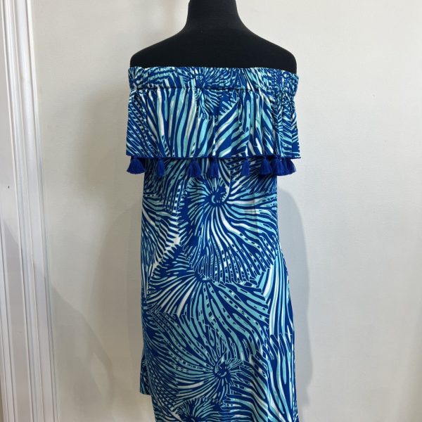 La Mer Luxe 129-A08T Cobalt Shell Off the Shoulder SST Monica Dress | Ooh Ooh Shoes women's clothing and shoe boutique located in Naples