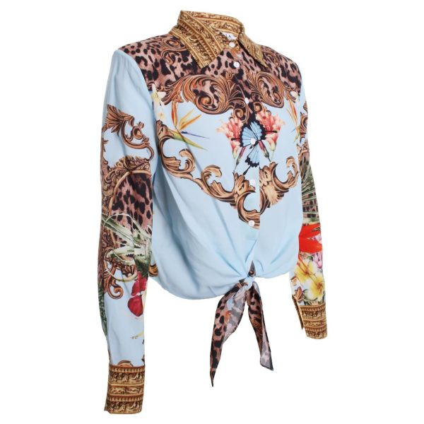 Oo La La M8066 Long Sleeve Multi Printed Tie Waist Blouse | Ooh Ooh Shoes women's clothing and shoe boutique located in Naples