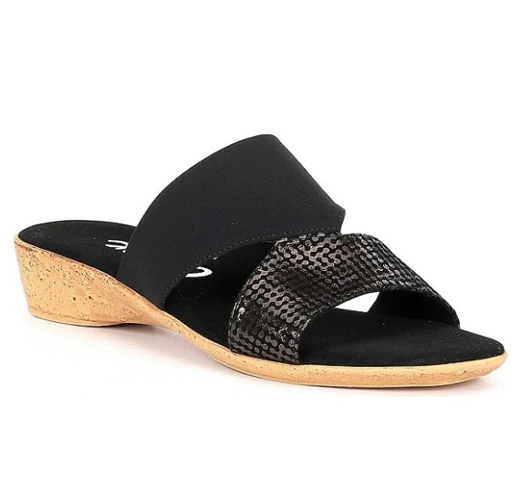 Onex Izabel Black Open Toe Cork Wedge Slide with Metallic Accent | Ooh Ooh Shoes women's clothing and shoe boutique located in Naples and Mashpee