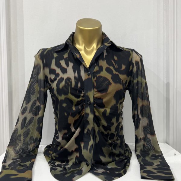 Oo La La M5028 Leopard Print Ruched Button Front Mesh Shirt | Ooh Ooh Shoes women's clothing and shoe boutique located in Naples and Mashpee