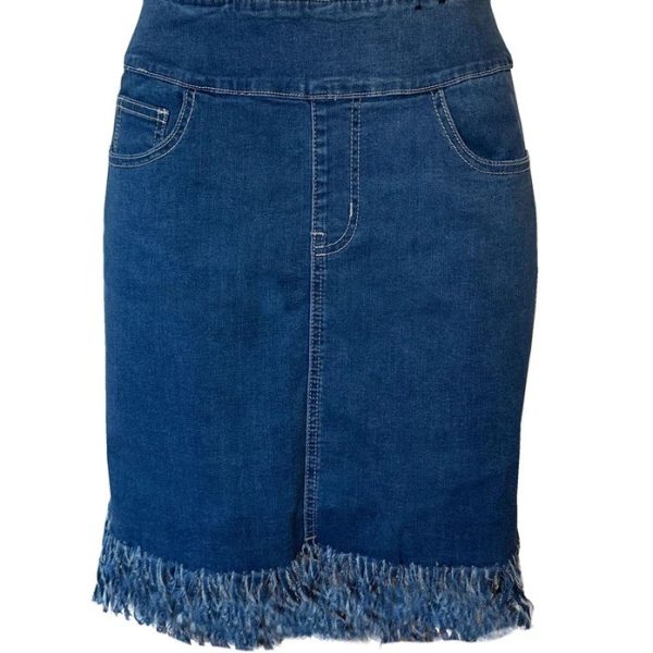 Ethyl P3238BWD Blue Denim Pull On Skirt With Fray Hem | Ooh Ooh Shoes women's clothing and shoe boutique located in Naples