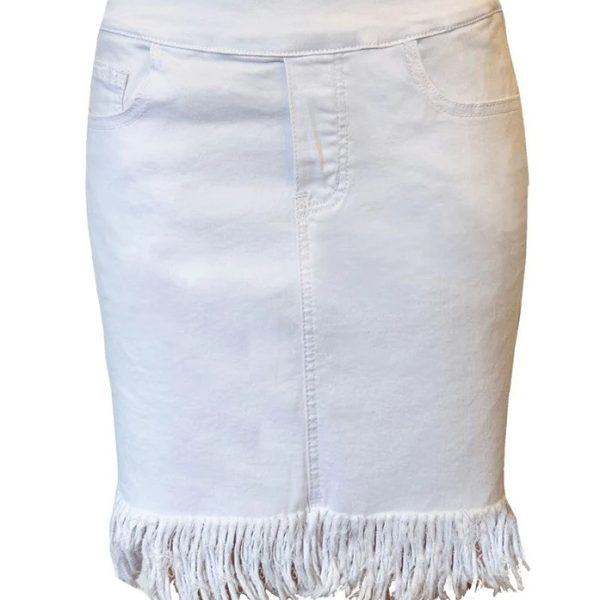 Ethyl P3238WHT White Pull On Skirt With Fray Hem | Ooh Ooh Shoes women's clothing and shoe boutique located in Naples