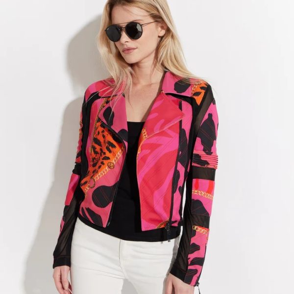 Oo La La M8030 Fuchsia Printed Zip Front Scuba Mesh Jacket | Ooh Ooh Shoes women's clothing and shoe boutique located in Naples