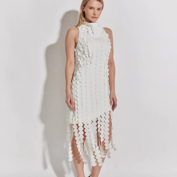 Oo La La M6023 White Mock Neck All Over Disc Fringe Dress | Ooh Ooh Shoes women's clothing and shoe boutique located in Naples