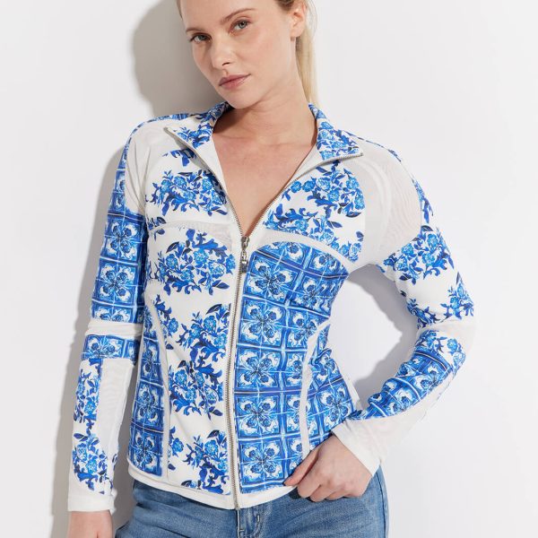 Oo La La M8022 Blue/White Long Sleeve Zip Front Top With Mesh Cutouts | Ooh Ooh Shoes women's clothing and shoe boutique located in Naples