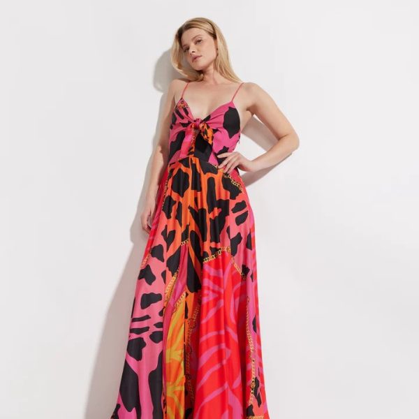 Oo La La M8145 Fuchsia Chain Pattern Strappy Tie Front Maxi Dress | Ooh Ooh Shoes women's clothing and shoe boutique located in Naples