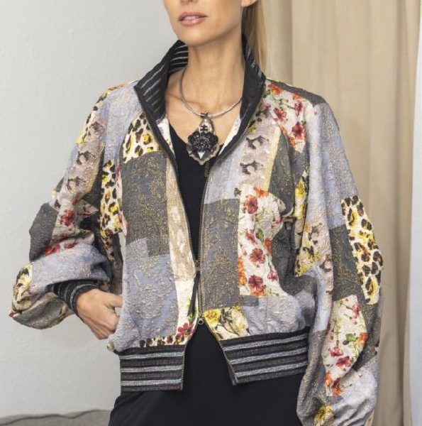 Petit Pois OP281458 Ornament Patch Zip Front Oversized Bomber Jacket | Ooh Ooh Shoes women's clothing and shoe boutique located in Naples