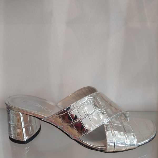 Tesorone BA302 Silver Criss Cross Croco Block Heel Sandal | Ooh Ooh Shoes women's clothing and shoe boutique located in Naples and Mashpee