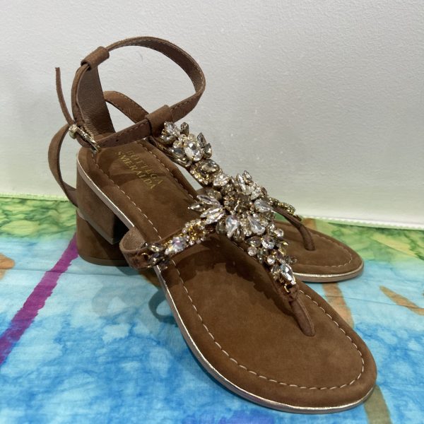 Bottega Smeralda 3SS08Q Brown Leather Crystal Accents Toe Strap Sandal | Ooh Ooh Shoes women's clothing and shoe boutique located in Naples and Mashpee